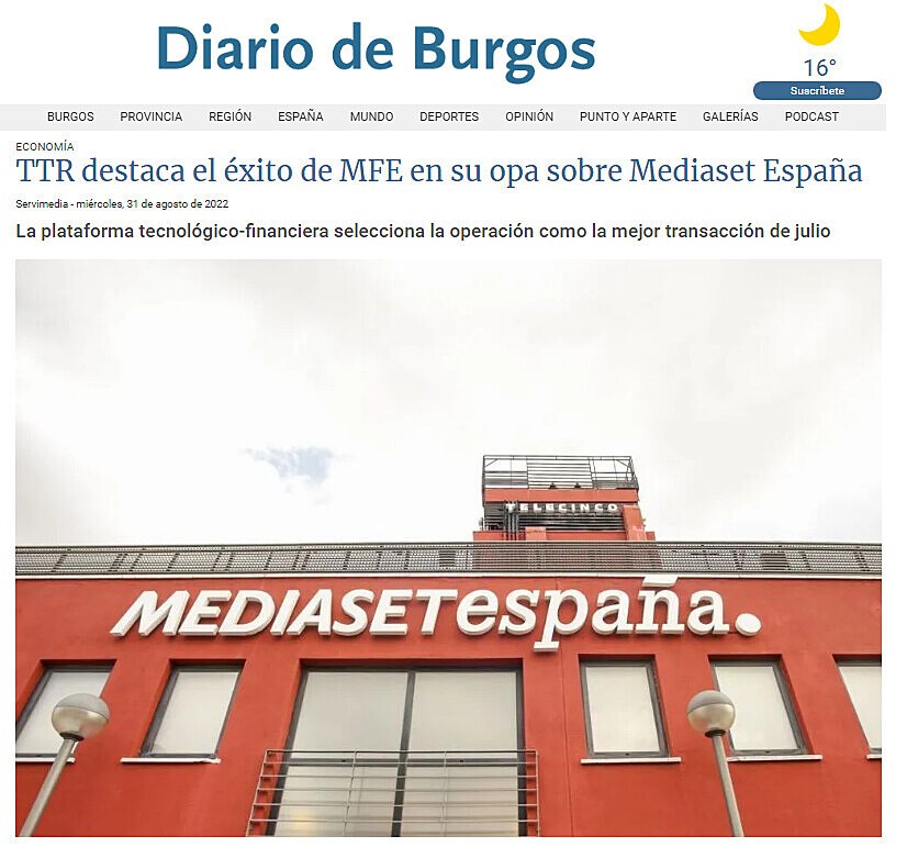 TTR destaca el xito de MFE en su opa sobre Mediaset Espaa